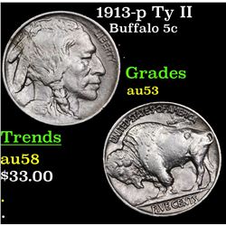 1913-p Ty II Buffalo Nickel 5c Grades Select AU