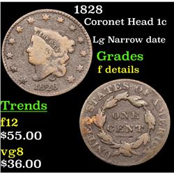1828 Coronet Head Large Cent 1c Grades f details