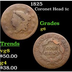 1825 Coronet Head Large Cent 1c Grades g+