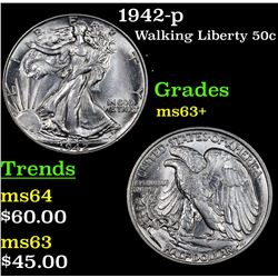 1942-p Walking Liberty Half Dollar 50c Grades Select+ Unc