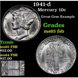 1941-d Mercury Dime 10c Grades GEM FSB