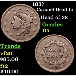 1837 Coronet Head Large Cent 1c Grades f+