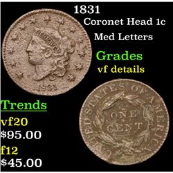 1831 Coronet Head Large Cent 1c Grades vf details