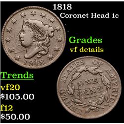 1818 Coronet Head Large Cent 1c Grades vf details
