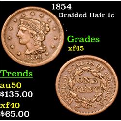 1854 Braided Hair Large Cent 1c Grades xf+