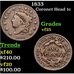 1833 Coronet Head Large Cent 1c Grades vf+