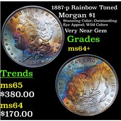 1887-p Rainbow Toned Morgan Dollar $1 Grades Choice+ Unc