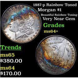 1887-p Rainbow Toned Morgan Dollar $1 Grades Choice+ Unc