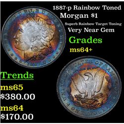 1887-p Rainbow Toned Morgan Dollar $1 Grades Choice+ Unc