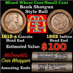 Mixed small cents 1c orig shotgun roll, 1918-s Wheat Cent, 1882 Indian Cent other end
