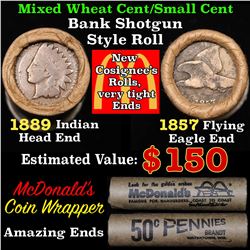 Mixed small cents 1c orig shotgun roll, 1857 Flying Eagle Cent, 1889 Indian Cent other end