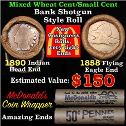 Mixed small cents 1c orig shotgun roll, 1858 Flying Eagle Cent, 1890 Indian Cent other end