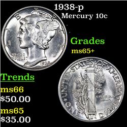 1938-p Mercury Dime 10c Grades GEM+ Unc