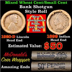 Mixed small cents 1c orig shotgun roll, 1920-d Wheat Cent, 1899 Indian Cent other end
