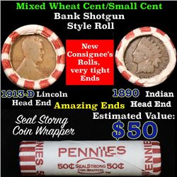 Mixed small cents 1c orig shotgun roll, 1913-d Wheat Cent, 1890 Indian Cent other end