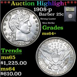 ***Auction Highlight*** 1908-p Barber Quarter 25c Graded Choice+ Unc By USCG (fc)