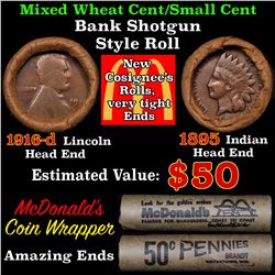 Mixed small cents 1c orig shotgun roll, 1916-d Wheat Cent, 1895 Indian Cent other end