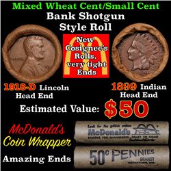 Mixed small cents 1c orig shotgun roll, 1918-d Wheat Cent, 1899 Indian Cent other end