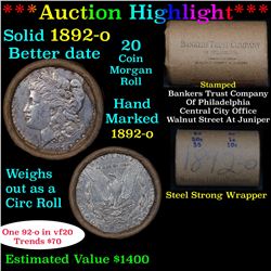 ***Auction Highlight*** Full solid Much Better date 1892-o Morgan silver dollar roll, 20 coins (fc)