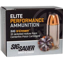 Sig Sauer Ammo .45ACP, 200 Grain, Elite V-Crown, Jacketed Hollow Point, Twenty (20) Per Box, AE45AP1