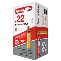 FAST! 1700 FPS! Aguila, Supermaximum, Hyper Velocity, 22LR, 30 Grain, Copper-Plated Solid Point