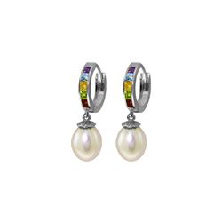 Genuine 9 ctw Pearl, Amethyst & Blue Topaz Earrings 14KT White Gold