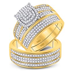 0.80 CTW Diamond Cluster Matching Bridal Wedding Ring 10kt Yellow Gold