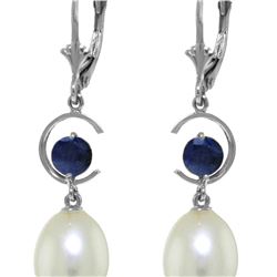 Genuine 9 ctw Pearl & Sapphire Earrings 14KT White Gold