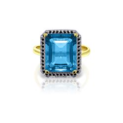 Genuine 7.8 ctw Blue Topaz & Black Diamond Ring 14KT Yellow Gold