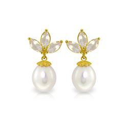 Genuine 9.5 ctw White Topaz & Pearl Earrings 14KT Yellow Gold