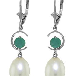 Genuine 9 ctw Pearl & Emerald Earrings 14KT White Gold