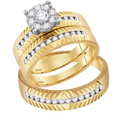 0.75 CTW Diamond Cluster Matching Bridal Wedding Ring 14kt Yellow Gold