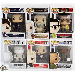 LOT OF 6 ASSORTED FUNKO POPS: MIXED VARIETY PACK.
