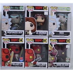LOT OF 6 HELLBOY/RICK & MORTY FUNKO POPS.