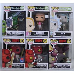 LOT OF 6 HELLBOY/RICK & MORTY FUNKO POPS.
