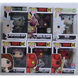 LOT OF 6 HELLBOY/RICK & MORTY FUNKO POPS.