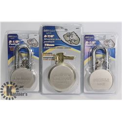 SEALED 3 GORILLA LOCKS 2' 7/8, 2", 2 1/2"