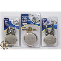 SEALED 3 GORILLA LOCKS 2' 7/8, 2", 2 1/2"