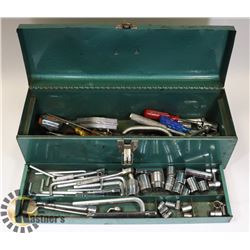 GREEN METAL TOOL BOX FILLED W/ TOOLS