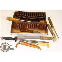 SHOTGUN SHELL BELTS, 2 KNIFE SHARPENERS W/ SEVERAL