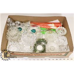 FLAT OF GLASS CANDLE HOLDERS & CANDLES.