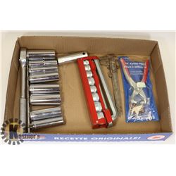 FLAT W/ 2 SOCKET SETS, CALIPER & A EYELET PLIERS