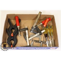 FLAT OF VARIOUS CLAMPS & WOOD CHISELS