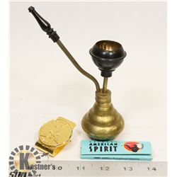 1970'S BRASS HEADSHOP BONG,  ROLLING PAPERS &
