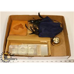 FLAT WITH RUNE STONES, LEATHER WALLET, TAPER HOLDE