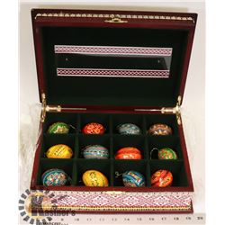 PAINTED WOOD EASTER EGGS IN CASE