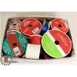 BOX LOT OF ASSORTED ROLLS OF NEW RIBBON