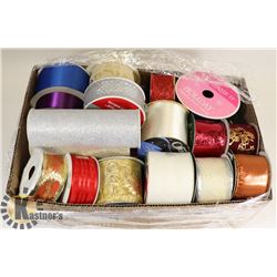 BOX LOT OF ASSORTED ROLLS OF NEW RIBBON