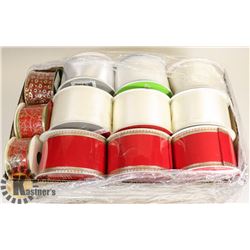 BOX LOT OF ASSORTED ROLLS OF NEW RIBBON