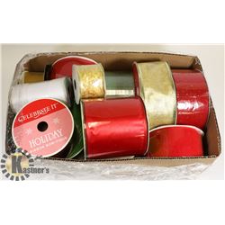 BOX LOT OF ASSORTED ROLLS OF NEW RIBBON